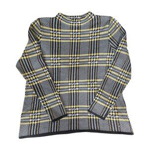Olsen Plaid Knit Sweater Women XL 16 Mock Neck Black Yellow Houndstooth